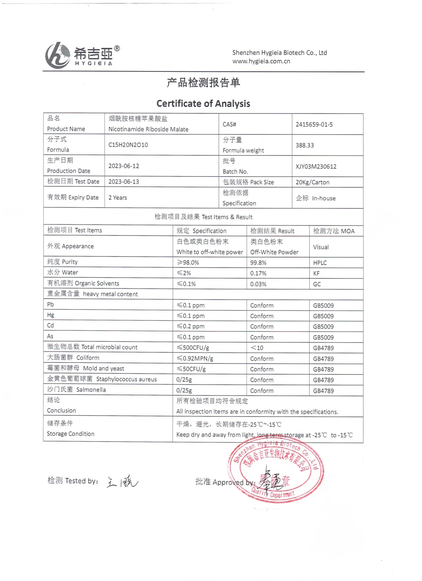 certificate of analysis Nicotinamide Riboside Hydrogen Malate Powder